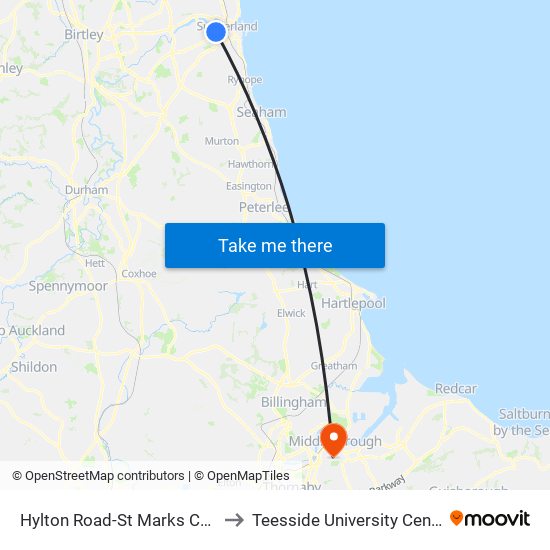 Hylton Road-St Marks Church, Millfield to Teesside University Centuria Building map