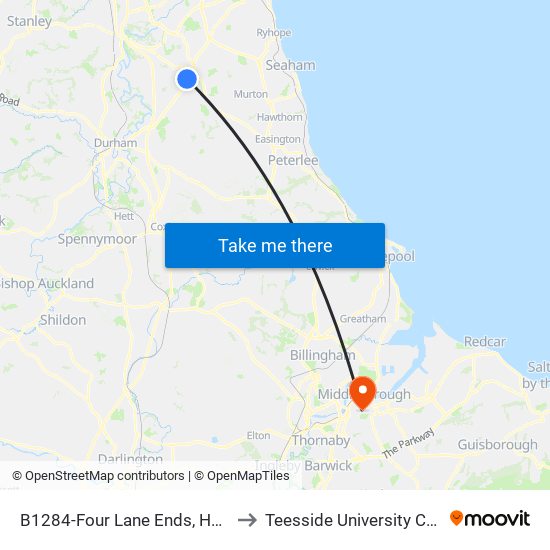 B1284-Four Lane Ends, Houghton-Le-Spring to Teesside University Centuria Building map