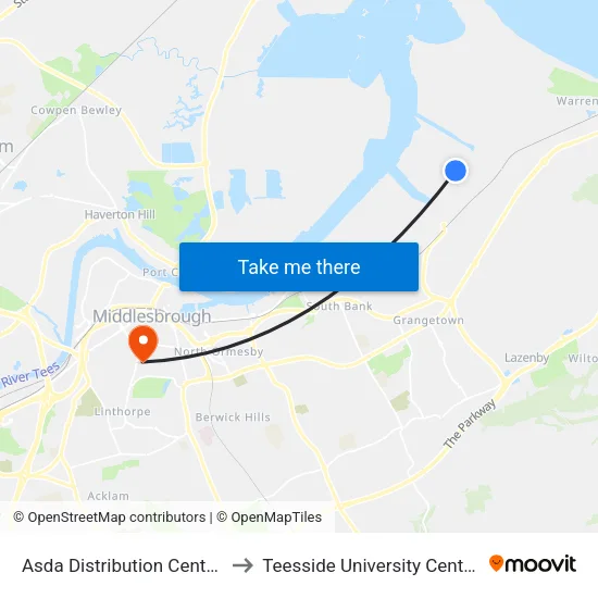 Asda Distribution Centre, Teesport to Teesside University Centuria Building map