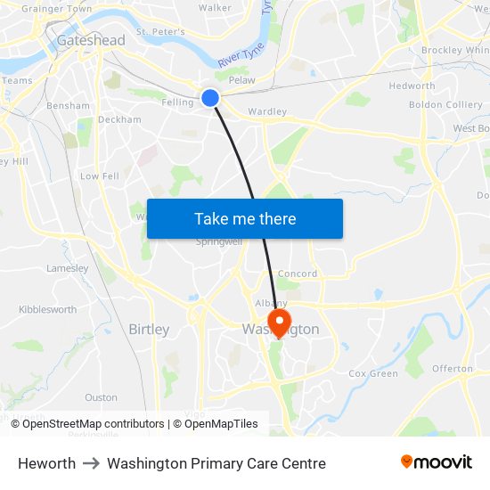 Heworth to Washington Primary Care Centre map