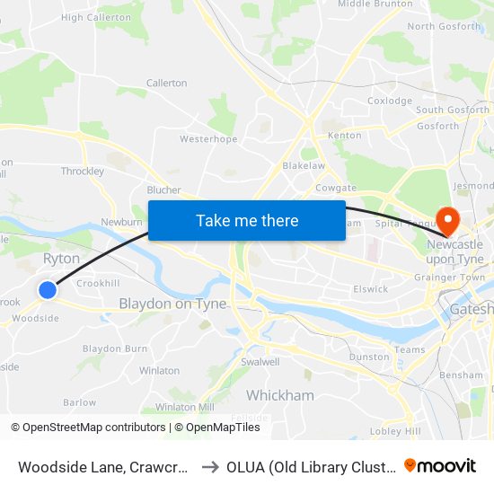 Woodside Lane, Crawcrook to OLUA (Old Library Cluster) map