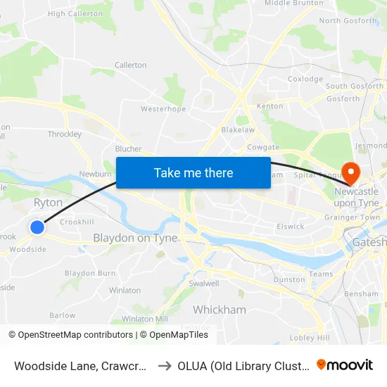 Woodside Lane, Crawcrook to OLUA (Old Library Cluster) map