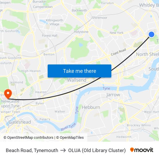 Beach Road, Tynemouth to OLUA (Old Library Cluster) map