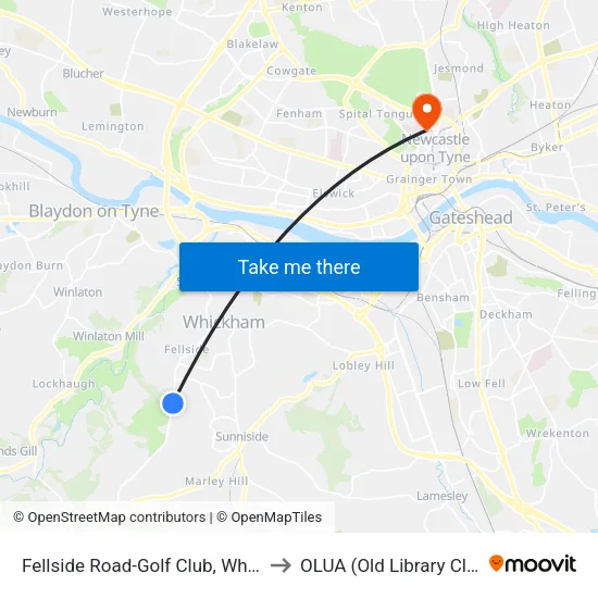 Fellside Road-Golf Club, Whickham to OLUA (Old Library Cluster) map