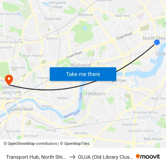 Transport Hub, North Shields to OLUA (Old Library Cluster) map