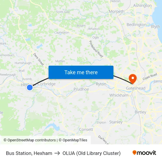 Bus Station, Hexham to OLUA (Old Library Cluster) map