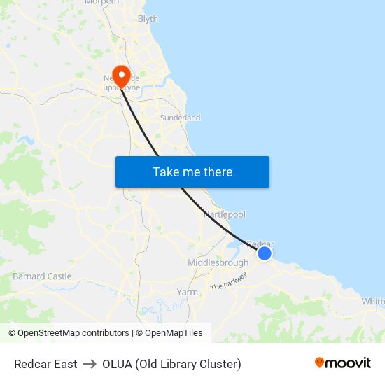 Redcar East to OLUA (Old Library Cluster) map