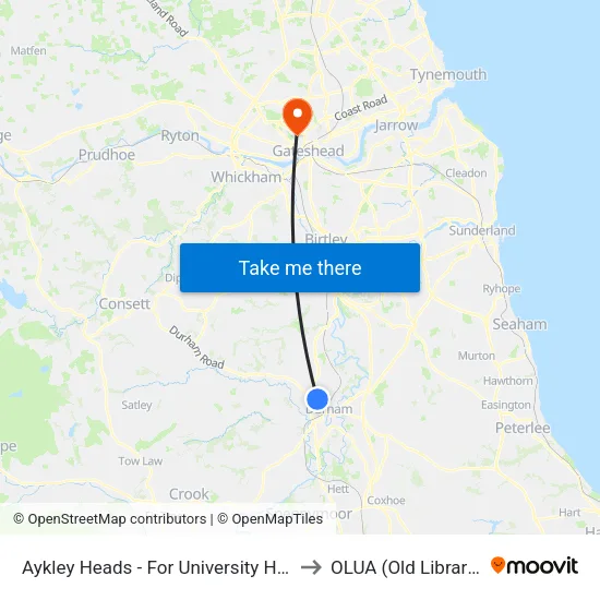 Aykley Heads - For University Hospital, Durham to OLUA (Old Library Cluster) map