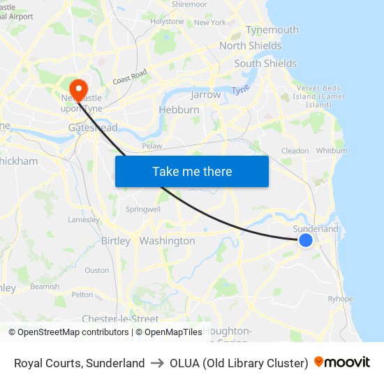 Royal Courts, Sunderland to OLUA (Old Library Cluster) map