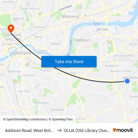 Addison Road, West Boldon to OLUA (Old Library Cluster) map
