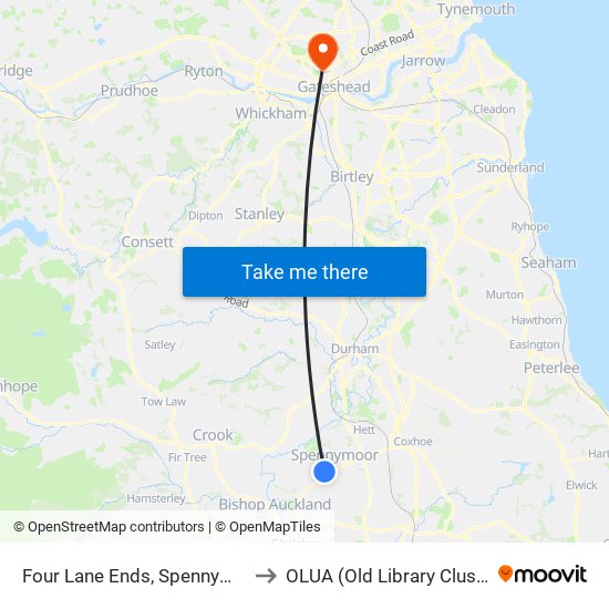 Four Lane Ends, Spennymoor to OLUA (Old Library Cluster) map