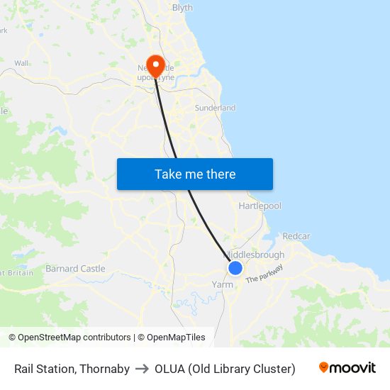 Rail Station, Thornaby to OLUA (Old Library Cluster) map