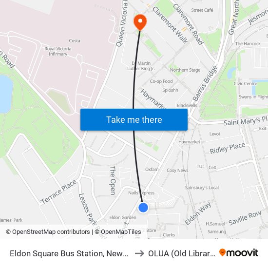 Eldon Square Bus Station, Newcastle upon Tyne to OLUA (Old Library Cluster) map