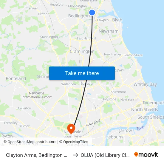 Clayton Arms, Bedlington Station to OLUA (Old Library Cluster) map