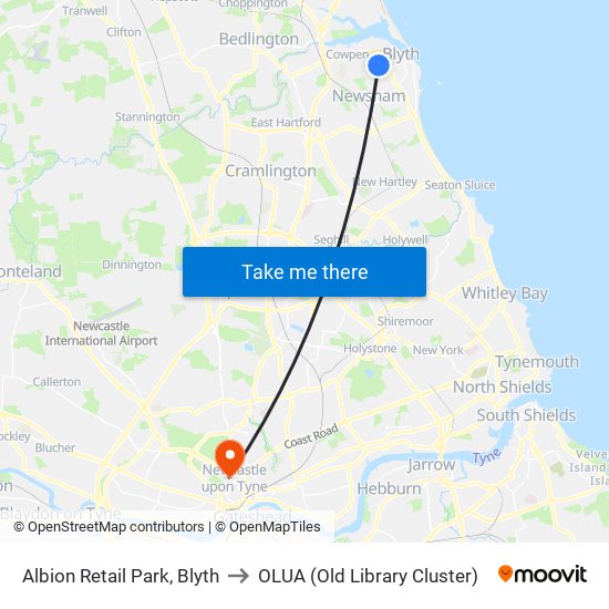 Albion Retail Park, Blyth to OLUA (Old Library Cluster) map