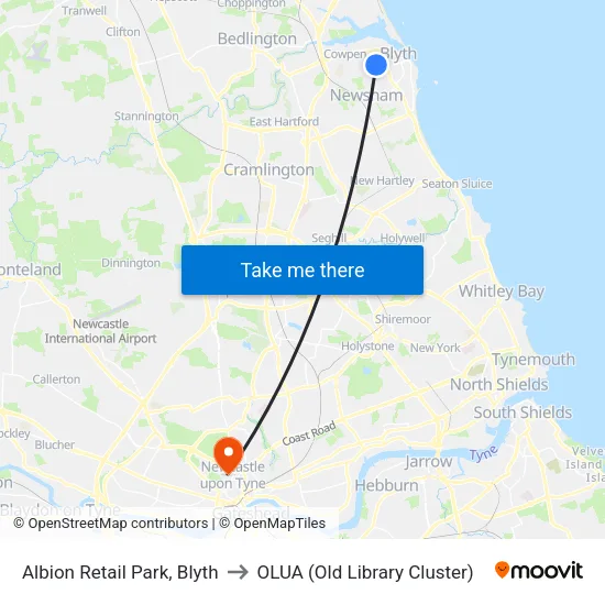 Albion Retail Park, Blyth to OLUA (Old Library Cluster) map