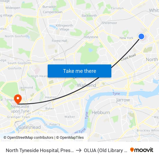 North Tyneside Hospital, Preston Grange to OLUA (Old Library Cluster) map