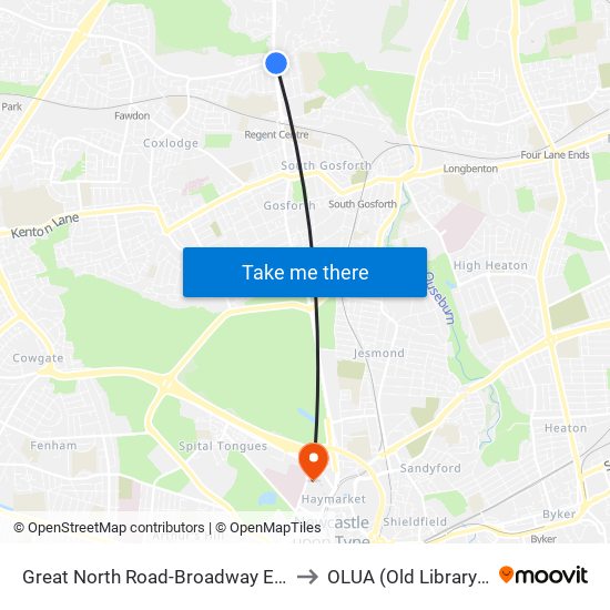 Great North Road-Broadway East, Gosforth to OLUA (Old Library Cluster) map