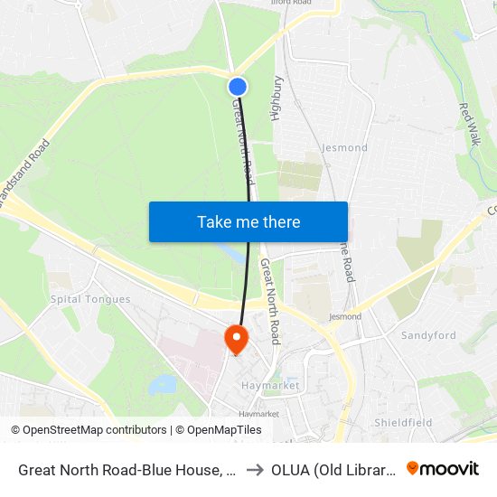 Great North Road-Blue House, West Jesmond to OLUA (Old Library Cluster) map