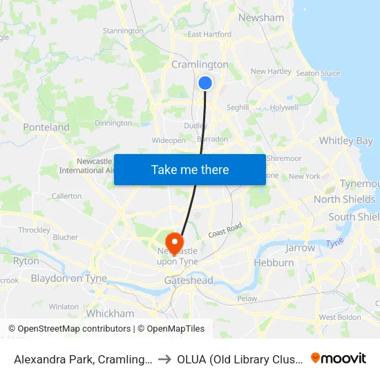 Alexandra Park, Cramlington to OLUA (Old Library Cluster) map