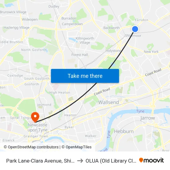 Park Lane-Clara Avenue, Shiremoor to OLUA (Old Library Cluster) map