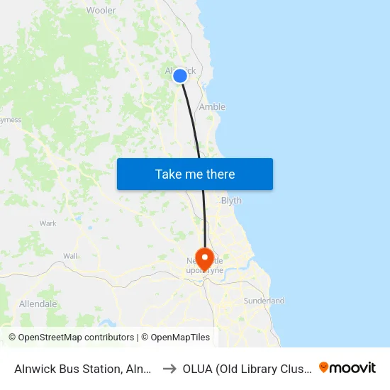 Alnwick Bus Station, Alnwick to OLUA (Old Library Cluster) map