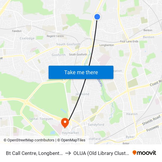 Bt Call Centre, Longbenton to OLUA (Old Library Cluster) map