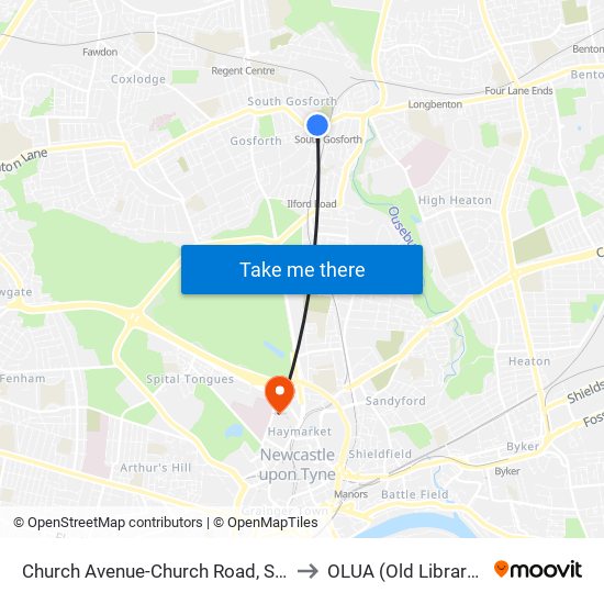 Church Avenue-Church Road, South Gosforth to OLUA (Old Library Cluster) map