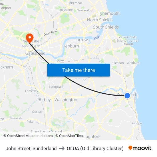 John Street, Sunderland to OLUA (Old Library Cluster) map