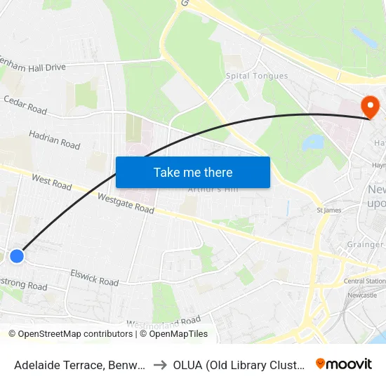 Adelaide Terrace, Benwell to OLUA (Old Library Cluster) map