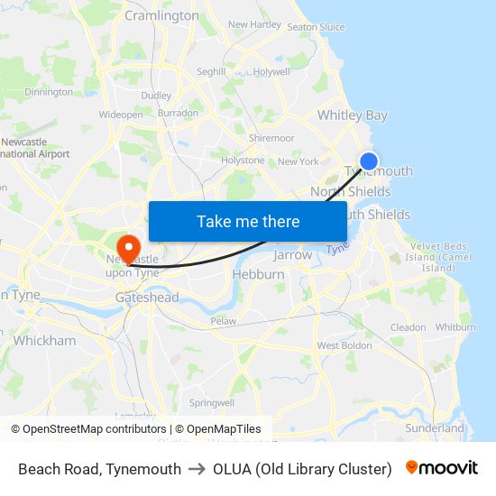 Beach Road, Tynemouth to OLUA (Old Library Cluster) map