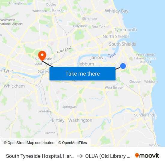 South Tyneside Hospital, Harton Moor to OLUA (Old Library Cluster) map