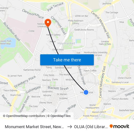 Monument Market Street, Newcastle upon Tyne to OLUA (Old Library Cluster) map