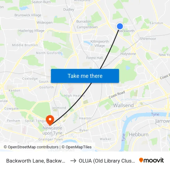 Backworth Lane, Backworth to OLUA (Old Library Cluster) map