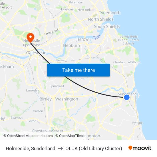 Holmeside, Sunderland to OLUA (Old Library Cluster) map