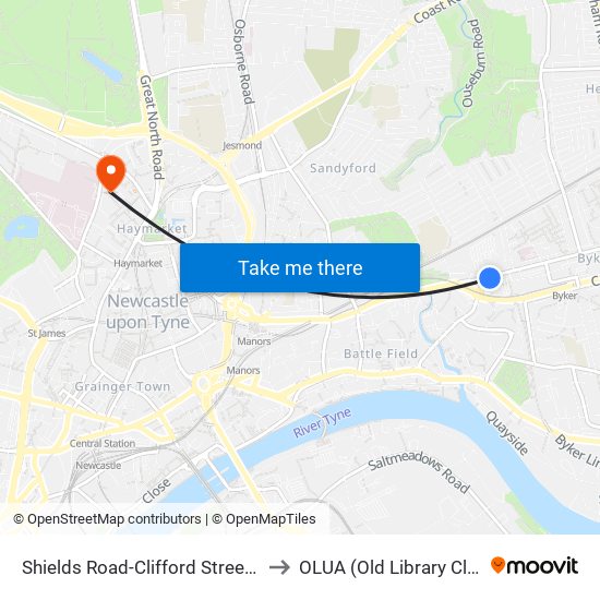 Shields Road-Clifford Street, Byker to OLUA (Old Library Cluster) map