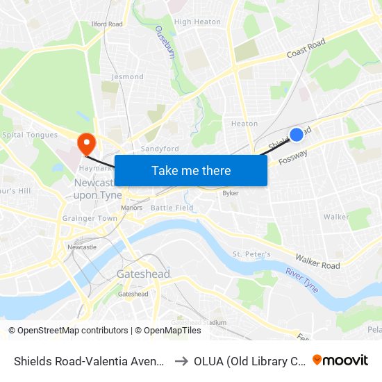 Shields Road-Valentia Avenue, Byker to OLUA (Old Library Cluster) map