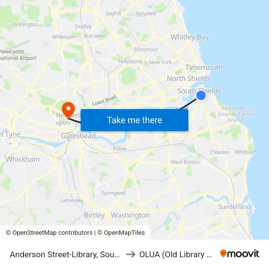 Anderson Street-Library, South Shields to OLUA (Old Library Cluster) map