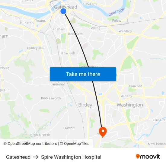 Gateshead to Spire Washington Hospital map