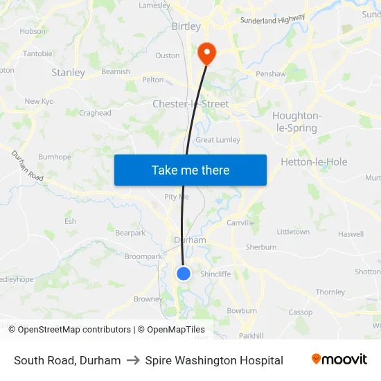 South Road, Durham to Spire Washington Hospital map