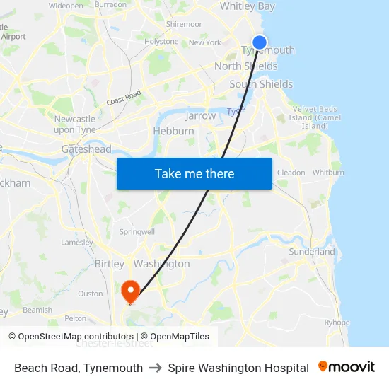 Beach Road, Tynemouth to Spire Washington Hospital map