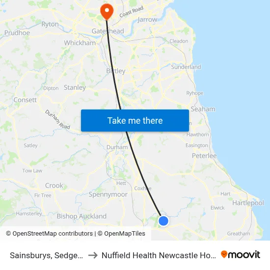 Sainsburys, Sedgefield to Nuffield Health Newcastle Hospital map