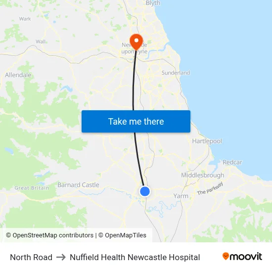 North Road to Nuffield Health Newcastle Hospital map