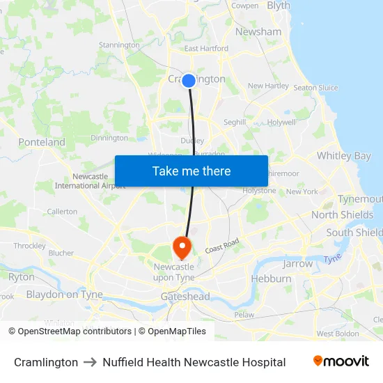 Cramlington to Nuffield Health Newcastle Hospital map