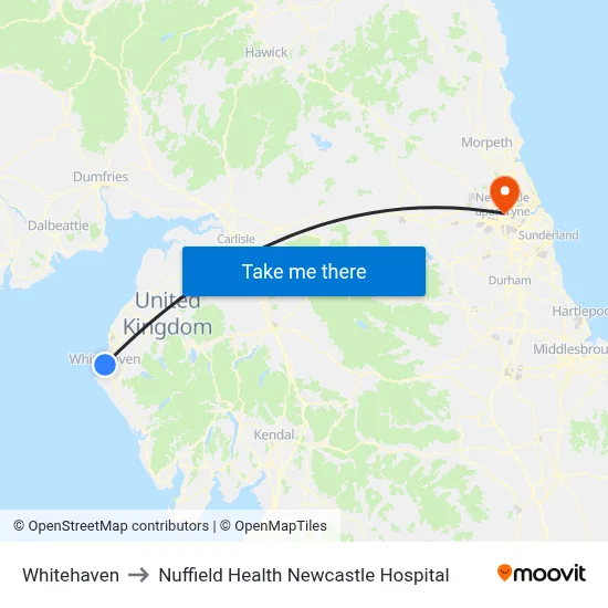 Whitehaven to Nuffield Health Newcastle Hospital map