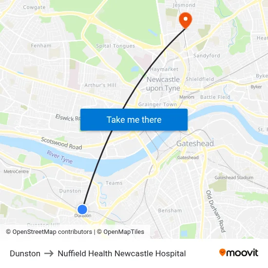 Dunston to Nuffield Health Newcastle Hospital map