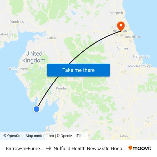 Barrow-In-Furness to Nuffield Health Newcastle Hospital map