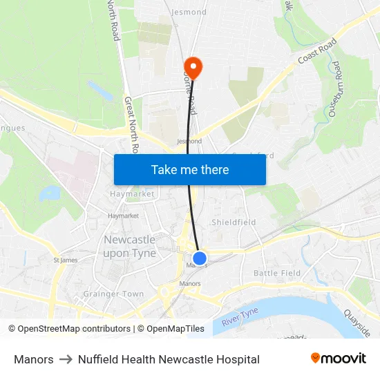 Manors to Nuffield Health Newcastle Hospital map