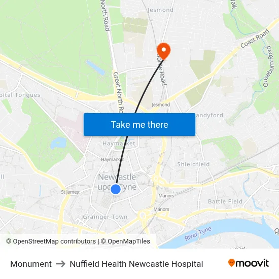 Monument to Nuffield Health Newcastle Hospital map
