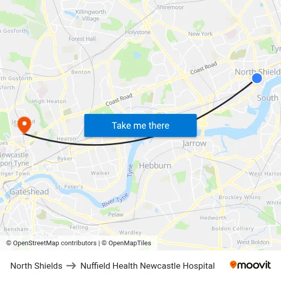 North Shields to Nuffield Health Newcastle Hospital map